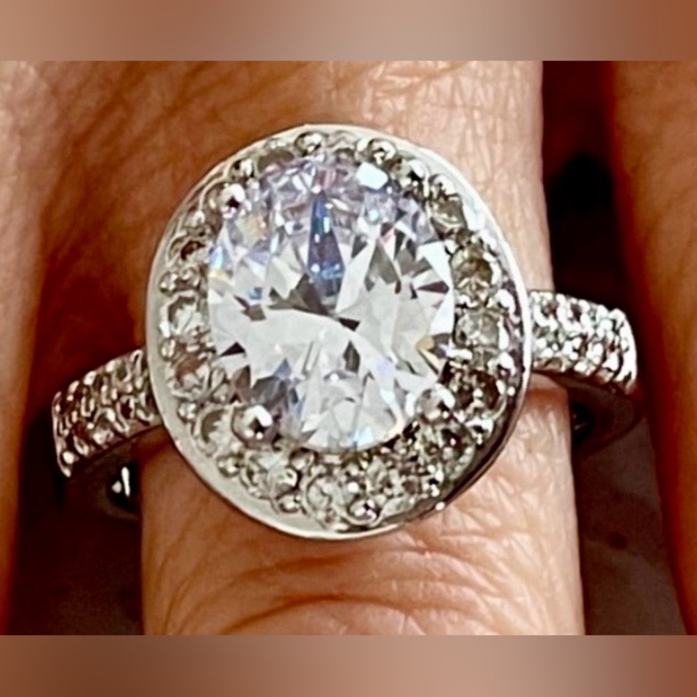 Huge Clear Crystal Stone On A Solid 925 Sterling Silver Ring